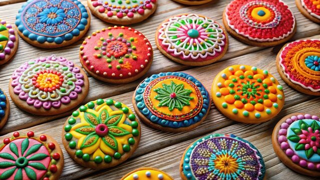 Colorful cookies with intricate designs on a wooden table , cookie creativity, edible art,  cookie creativity