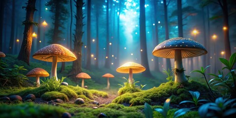 Fototapeta premium Mysterious Forest at Night with Glowing Mushrooms, natural surroundings