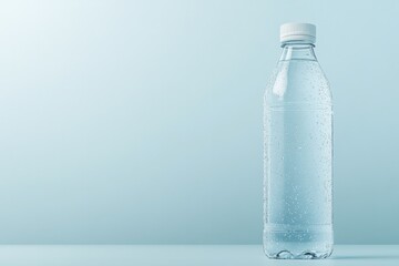 Clear water bottle stands against soft, minimalist backdrop, emp