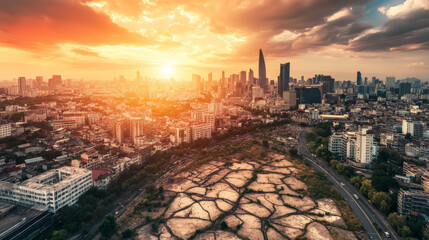 Global warming concept with high temperature heatwave affecting city in summer season. Overheated urban environment with extreme heat, climate change, and environmental impact on daily life