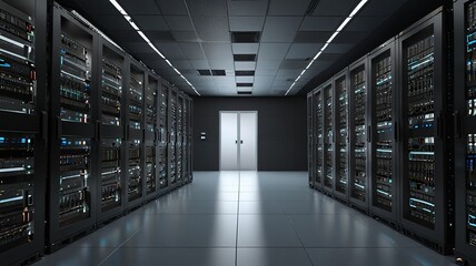 Connection network in servers big data center room storage systems, 3D rendering