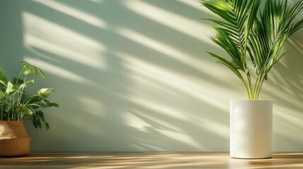 A striking green plant placed in a minimalist vase casts soothing shadows on a light wall, blending nature with contemporary design for a refreshing decor piece.