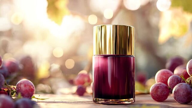 A premium skincare serum infused with the antioxidant power of grapes, elegantly placed among fresh, ripe grapes in a sunlit vineyard. The golden cap and deep purple liquid highlight the essence