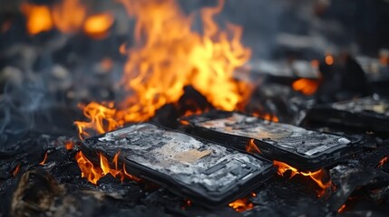 Lithium battery danger of overheating, burning, and exploding due to heat, fire, and explosion risks. High-risk situations with safety hazards in electronic devices and energy storage systems
