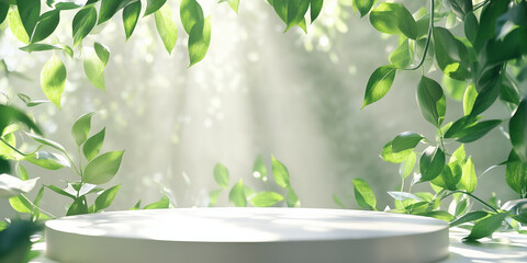 Product display platform surrounded by greenery and soft, natural Light. Product display, podium and platforms, 3d rendering.