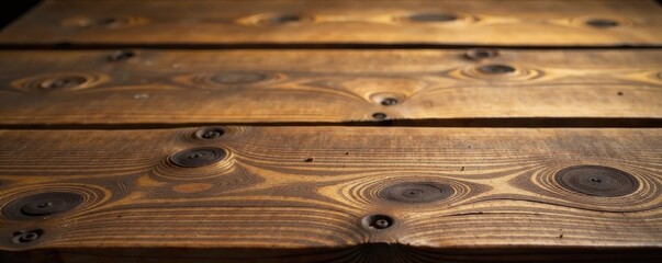 Fototapeta premium Rustic wood tabletop, warm tones, visible grain, knots , wood, vintage, antique
