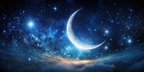 Fototapeta premium Ethereal lunar glow illuminates a velvety black night sky with a crescent moon and myriad twinkling stars, evoking an otherworldly atmosphere , mystical night sky, starry sky