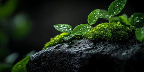 Fresh green moss thriving on a weathered rock after a gentle rain shower. Generative AI