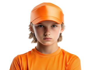 A young boy wearing an orange cap and matching shirt, displaying a serious expression.