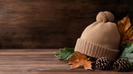 An elegant knitted hat surrounded by vibrant autumn leaves and pine cones, creating a visually pleasing composition that exemplifies seasonal charm.