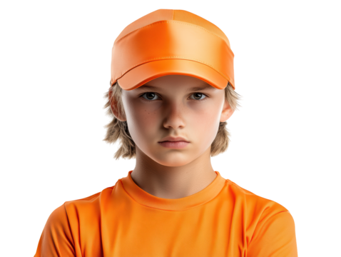 A young boy wearing an orange cap and matching shirt, displaying a serious expression.