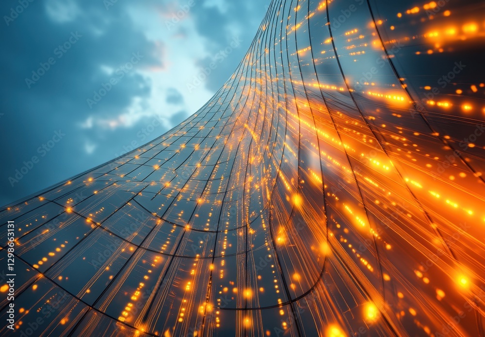 Poster abstract view of a futuristic building with dynamic light trails and cloudy sky in the background, s