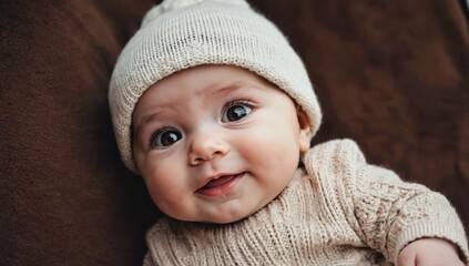 Cute baby wearing knitted hat and sweater, smiling joyfully