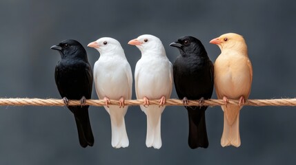 A captivating scene showing five birds of varied colors, showcasing diversity and beauty in the avian world as they perch together on a rope.