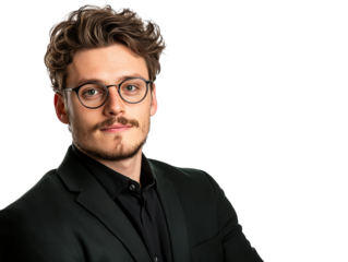 A well-dressed man with glasses and curly hair poses confidently, showcasing a stylish outfit.