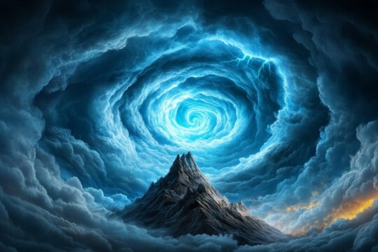 A storm rolling over a mountain peak, with dramatic clouds and lightning
