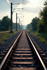 Obraz premium Steel railroad tracks from above, industrial area backdrop, texture, aged