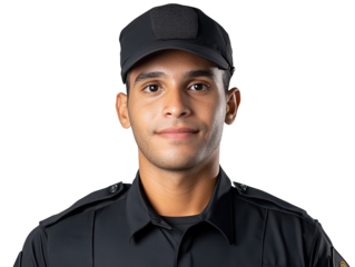 A young man in a black uniform and cap, presenting a calm expression, embodying a sense of authority and professionalism.