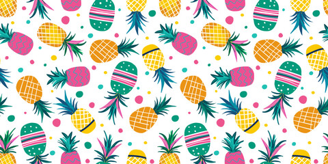 bright seamless pattern multicolored pink yellow turquoise neon painted pineapples with colored polka dots, confetti, for web design decorations textile white isolated background