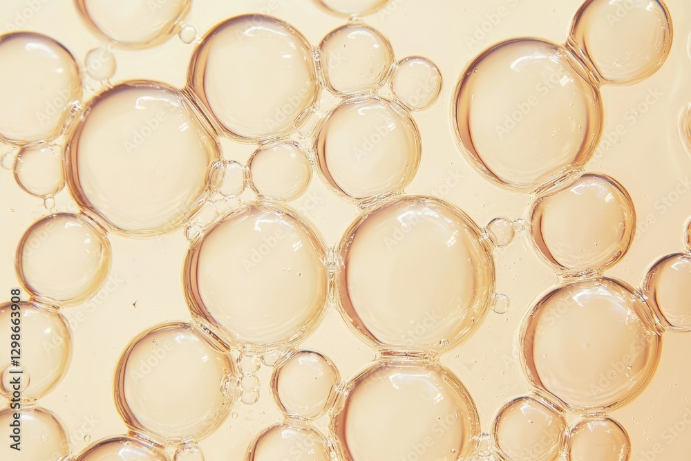 Poster close-up of transparent glass spheres creating an abstract background on beige surface