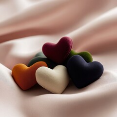 Assorted colorful hearts on satin background