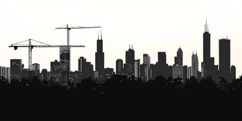 Naklejka premium Chicago Skyline Silhouette with Construction Cranes