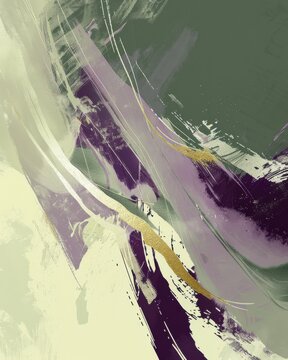 This vibrant abstract artwork features sweeping strokes of deep amethyst purple highlighted with silver and pale gold against a soothing olive green background, creating a harmonious visual balance