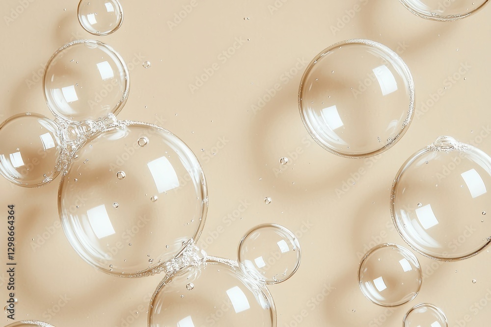 Poster Transparent bubbles floating on a beige background creating an abstract pattern