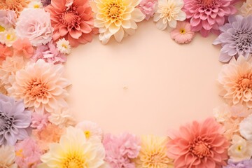 Pastel dahlia flower frame on peach background with copy space. Floral border for wedding, Mother's Day, or spring celebration. Romantic feminine composition.