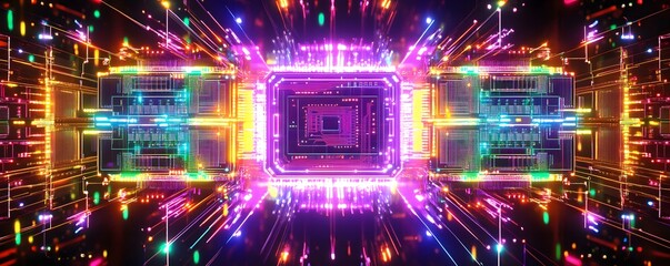 Obraz premium A brightly lit futuristic microchip is radiating energy outwards