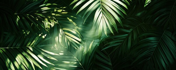 Lush green palm leaves creating an exotic and vibrant tropical backdrop.