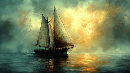 A lone sailboat sails towards a golden sunrise in the distance, creating a sense of mystery and tranquility.