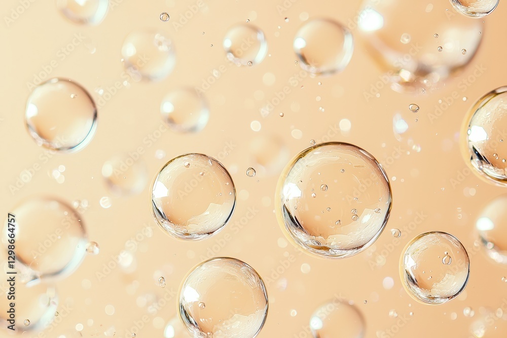Poster Transparent glass spheres floating on beige surface creating abstract background