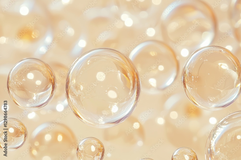 Poster transparent glass spheres floating on a beige surface creating an abstract background