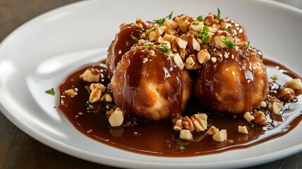 A gourmet version of oliebollen served with caramel sauce and chopped nuts on an elegant dessert plate