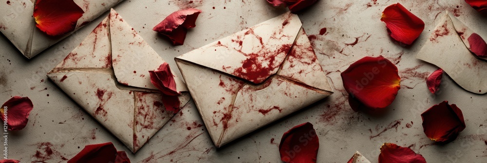 Poster romantic letters scattered among rose petals create an enchanting atmosphere during evening setting.
