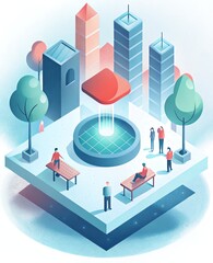 Isometric city park with modern buildings and people in an abstract design.