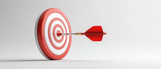 3D red arrow hitting business target bullseye, dartboard competition symbol, success center, accuracy icon with marketing achievement on white isolated background