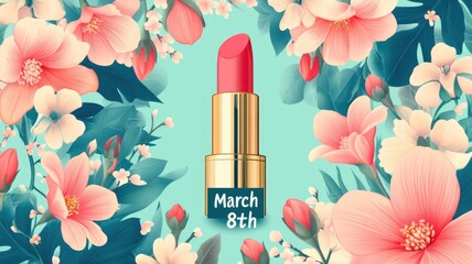 'International Women's Day' Poster Design with Floral and Lipstick Motifs, Retro Color Palette, and Spring Background