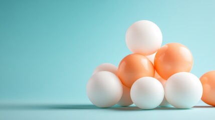 An artistic arrangement of stacked white and orange balls on a colorful surface, creating a playful and captivating visual that evokes creativity and dynamism in space.