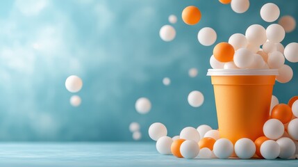 An overflowing orange cup spills white and orange balls, creating a dynamic scene full of energy, symbolizing playfulness and creativity within a vibrant environment.