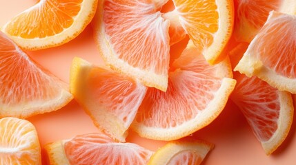 Freshly cut orange slices display their juicy segments against a soft pastel background, inviting viewers to indulge in the refreshing essence and vibrant colors of citrus fruits.