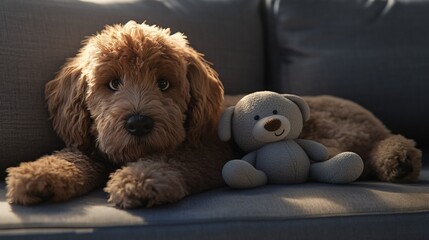 Adorable Goldendoodle Dog Resting on Sofa with Stuffed Animal Toy