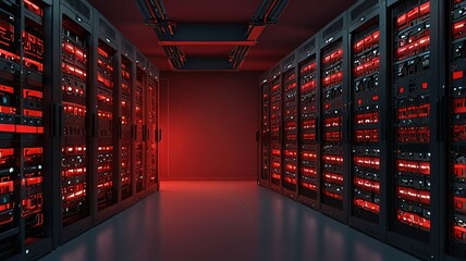Connection network in servers big data center room storage systems, 3D rendering
