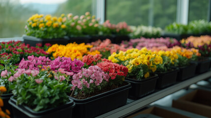Botanical Paradise: A vibrant assortment of flowering plants displayed on tiered shelves in a greenhouse setting, creating a captivating display of colors and textures.