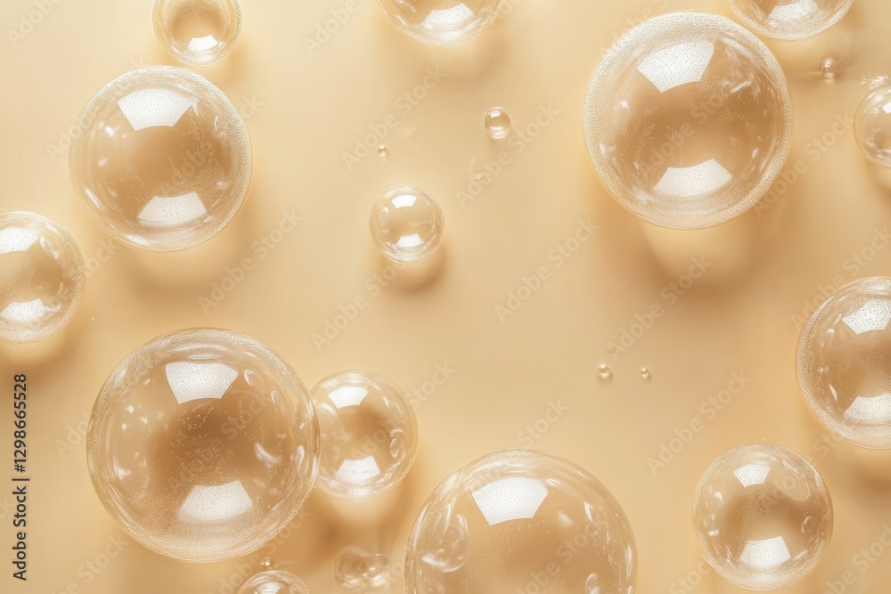Poster transparent glass spheres creating an abstract background on beige surface