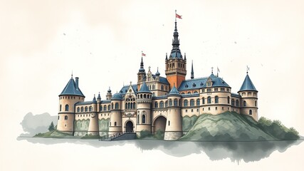 Fototapeta premium Abstract Rosenborg Castle Watercolor, Boho Ink Art Design