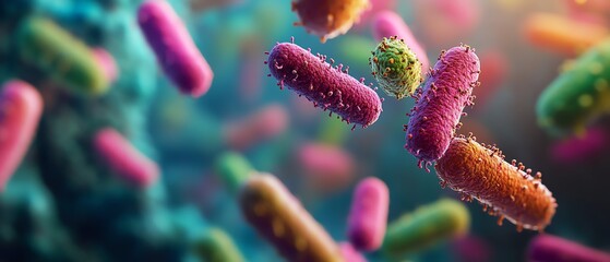 Closeup of healthy gut bacteria, vibrant microbes and microorganisms in digestive system, macro view of gut flora, scientific study of microbiome health