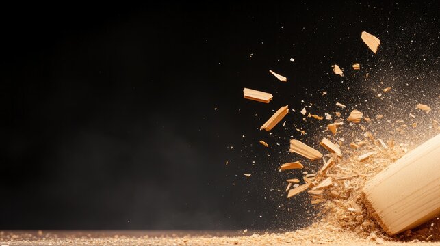 Impact of striking creates flying wooden shards with dramatic li