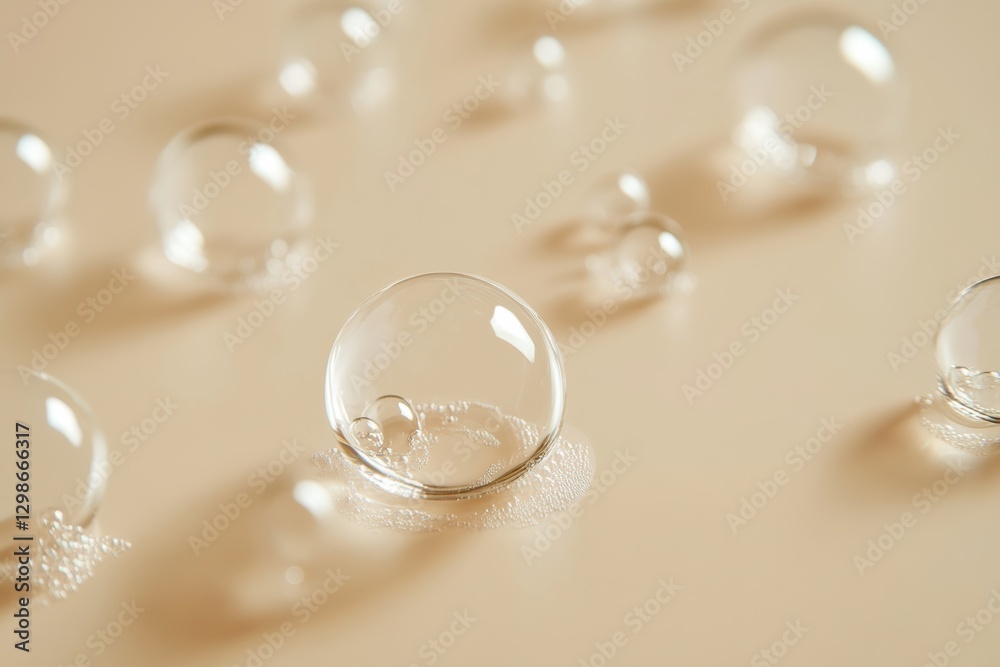 Poster Transparent bubbles resting on beige surface creating abstract background